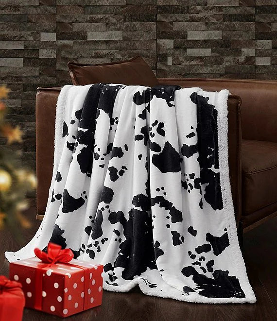 Black Cowprint Campfire Sherpa Throw