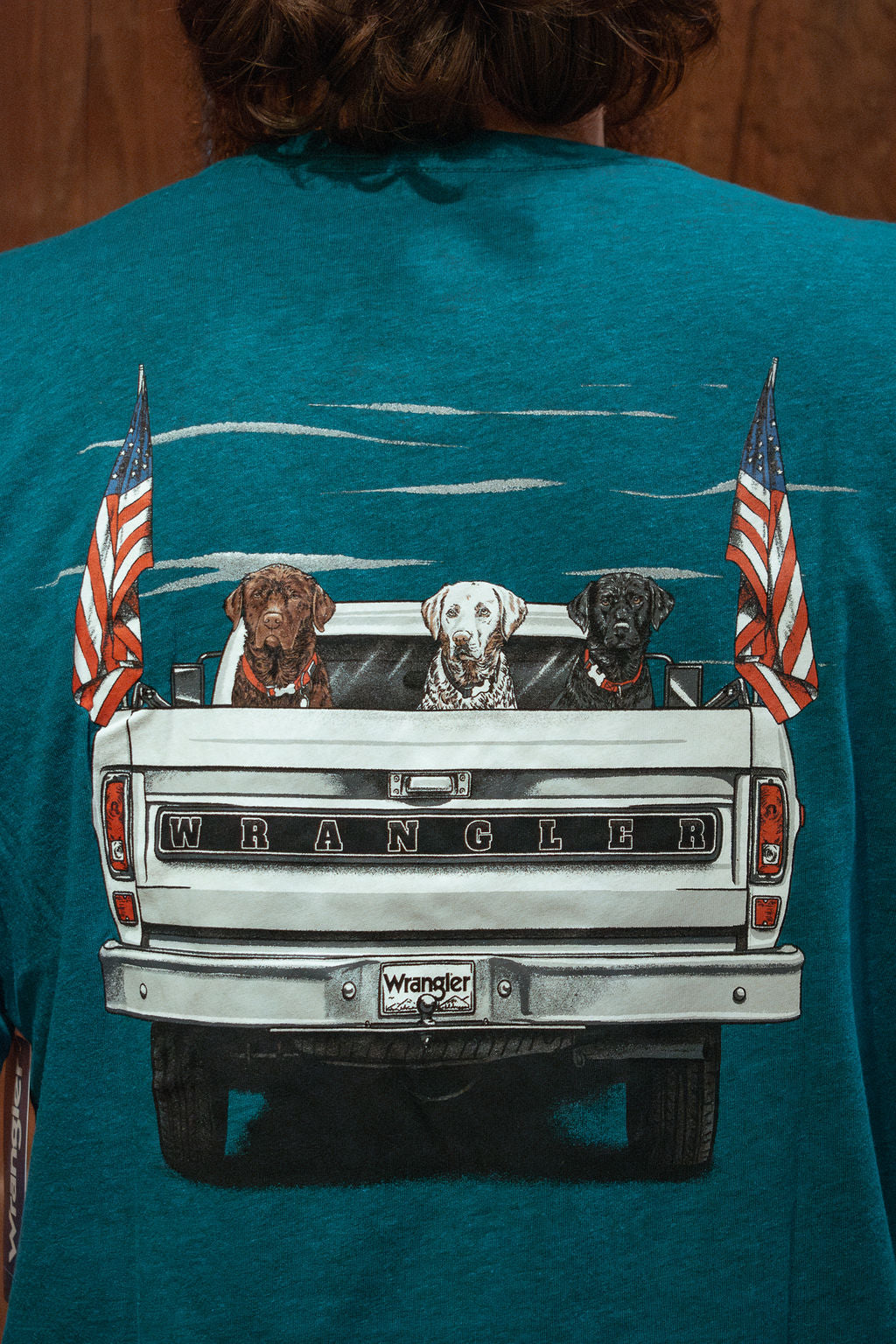 Wrangler Men's: Teal Truck Flags & Labs Logo Graphic T-Shirt