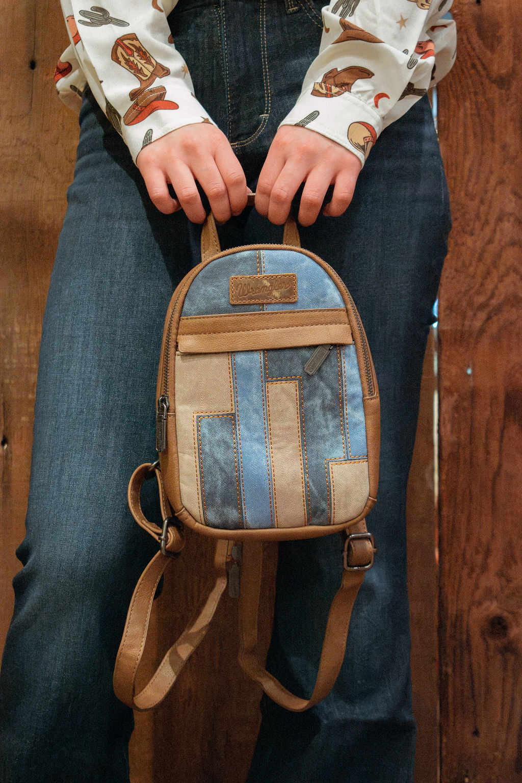 Wrangler: Denim Patchwork Mini Backpack