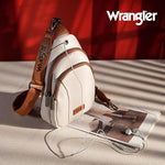 Load image into Gallery viewer, Wrangler: Leather Brown Trim Beige Sling Bag
