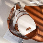 Load image into Gallery viewer, Wrangler: Leather Brown Trim Beige Sling Bag
