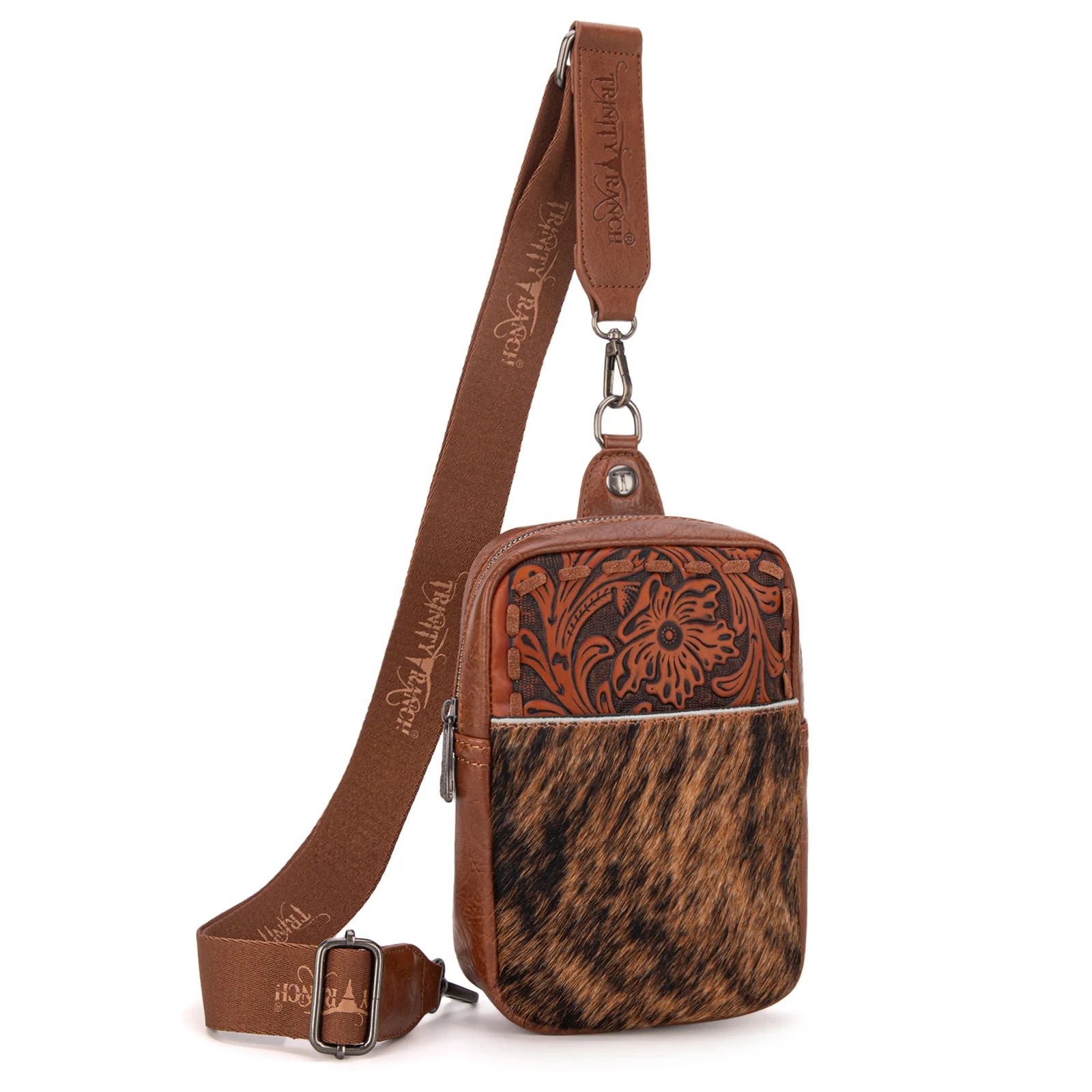 Trinity Ranch Cowhide Tooled Sling Bag