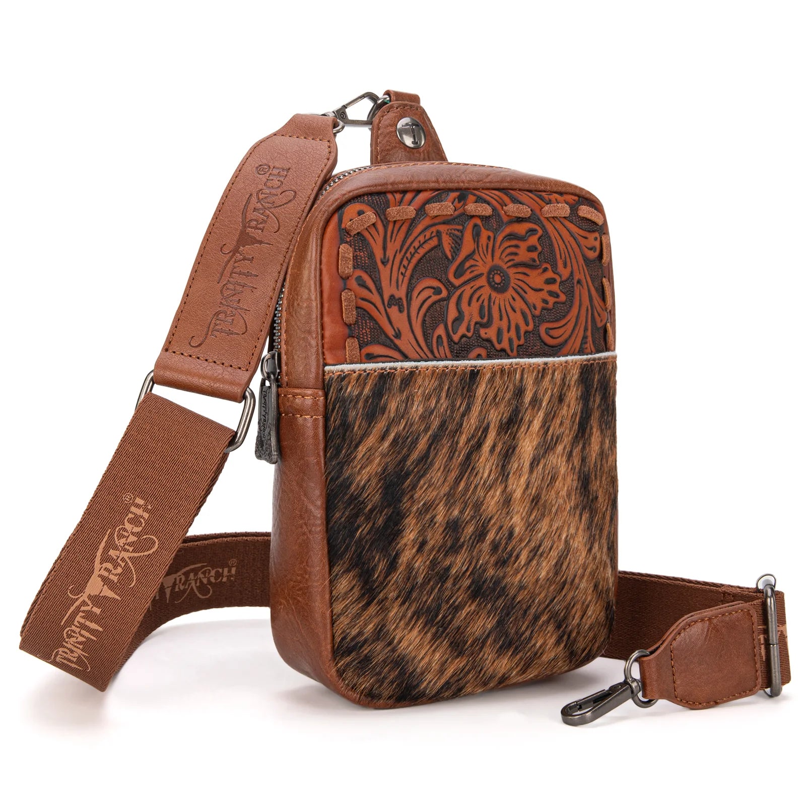 Trinity Ranch Cowhide Tooled Sling Bag