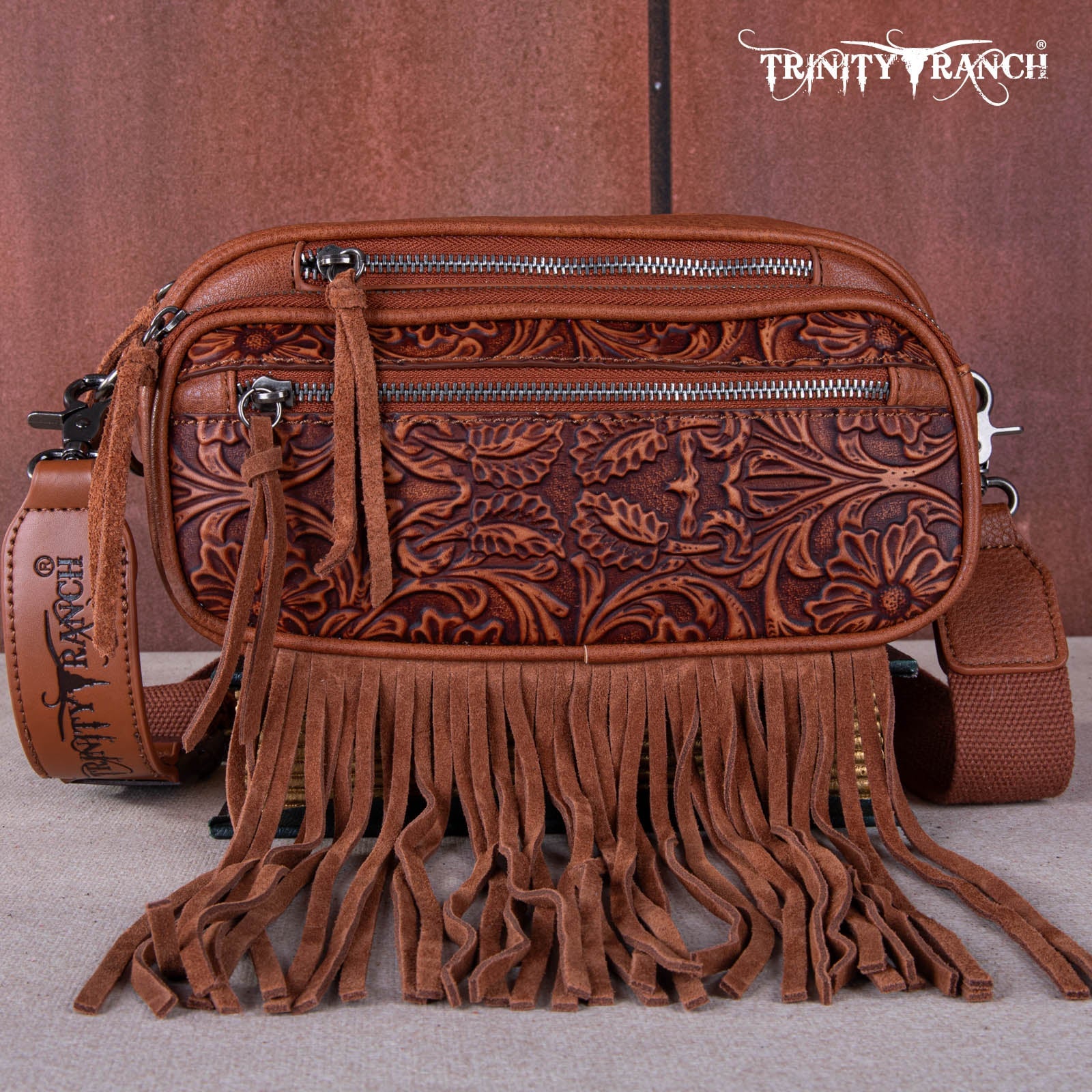 Trinity Ranch Floral Tooled Fringe Belt Bag