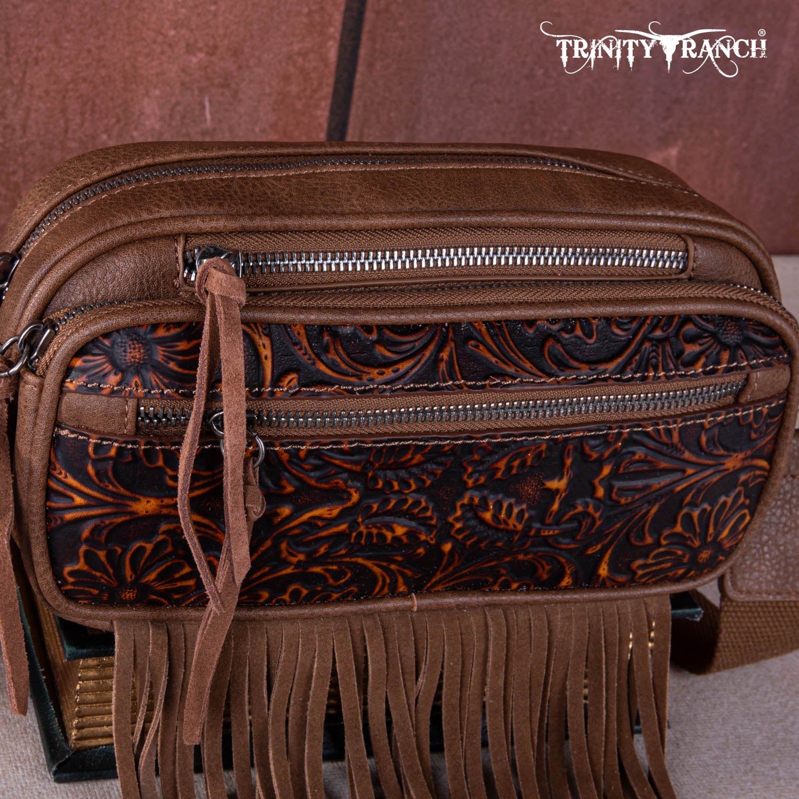 Trinity Ranch Floral Tooled Fringe Belt Bag