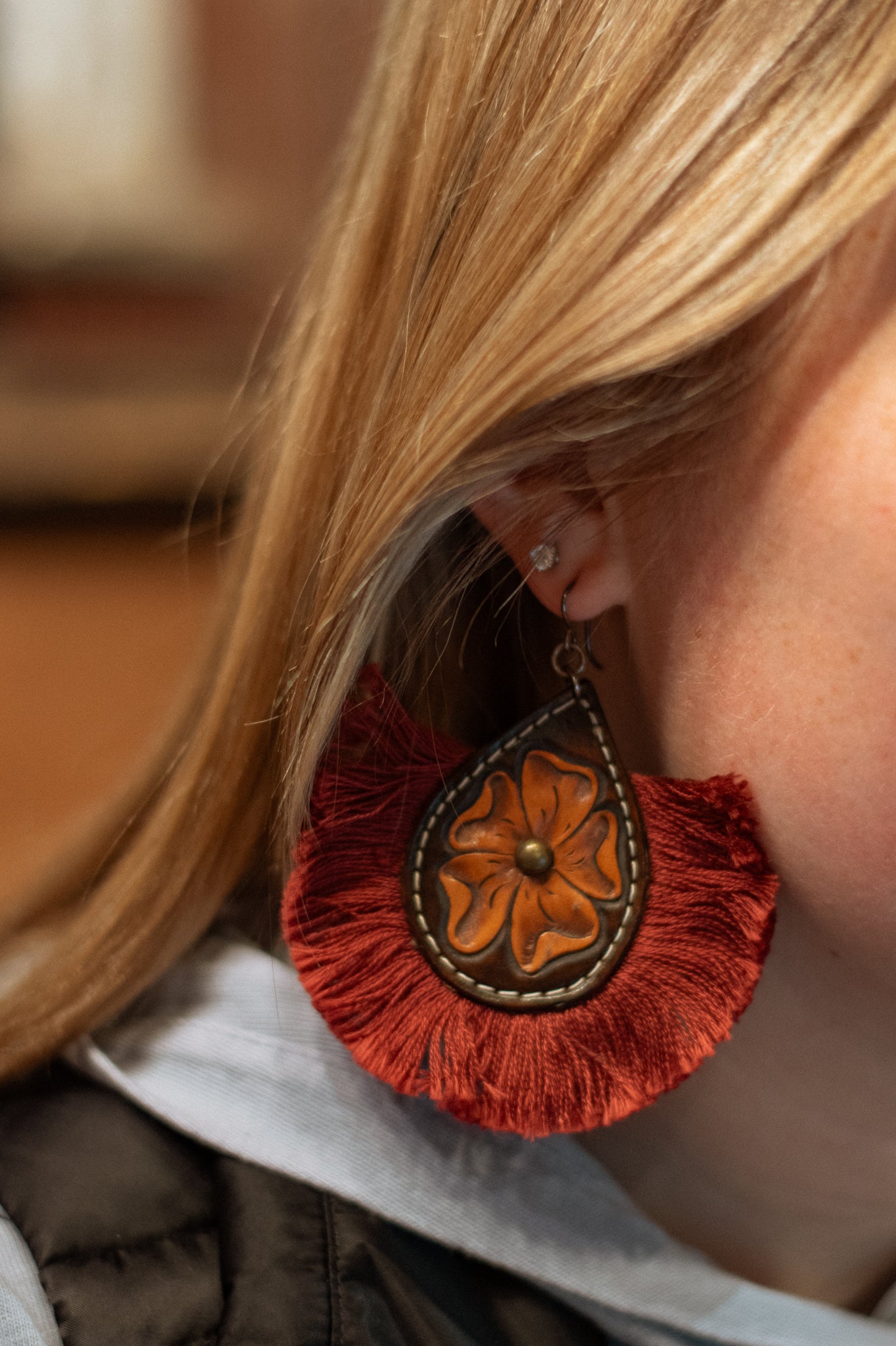 Hand Tooled Fringe Earrings with Copper Detail