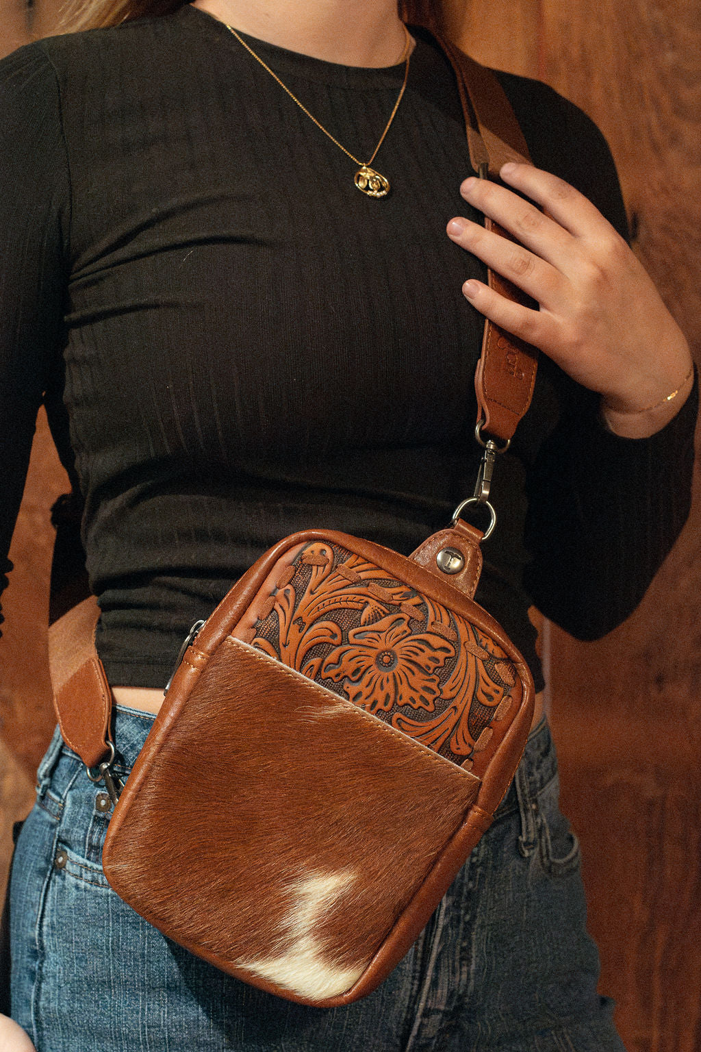 Trinity Ranch Cowhide Tooled Sling Bag